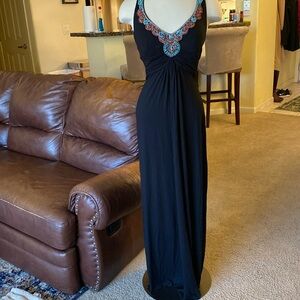 Cache Black Maxi Dress With Beautiful Red And Aqua Beading, sleeveless